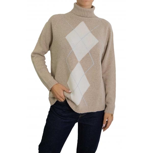 Maglione con rombi bicolore  collo alto misto cashmere